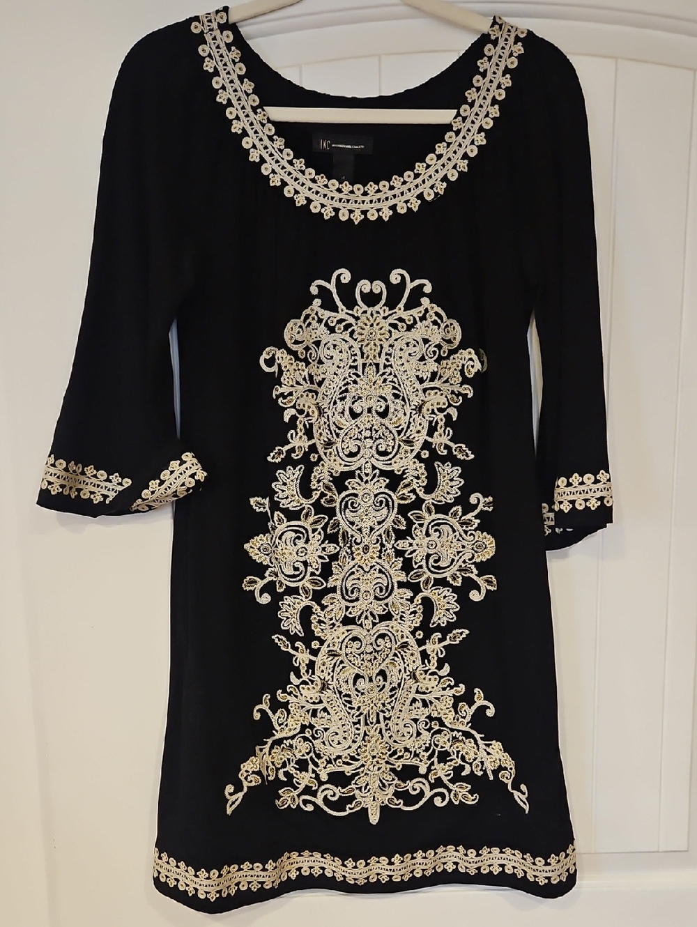 INC International Concepts Black Mini Dress with Cream Embroidery